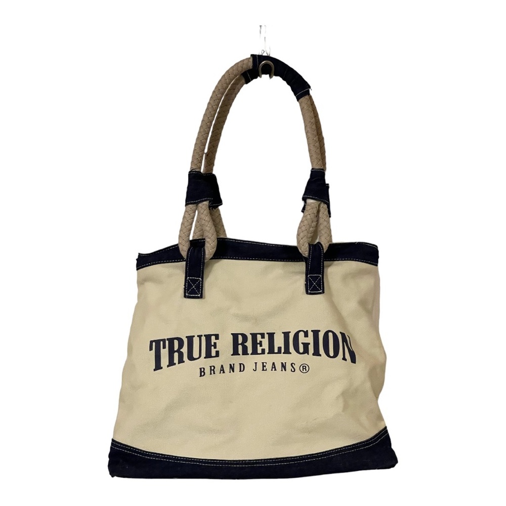 EUC! True Religion Canvas Tote Rope Straps Inside Zipper Pocket 15”x13”x6”